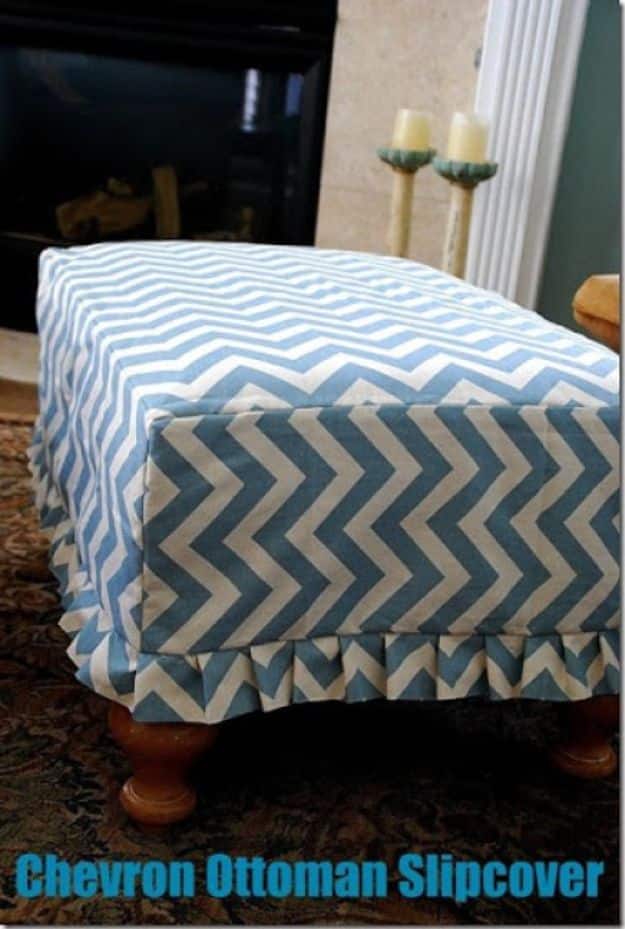 DIY Slipcovers - Chevron Ottoman Slipcover - Do It Yourself Slip Covers For Furniture - No Sew Ideas, Easy Fabrics Four Couch and Sofa Cover - Chair Projects and Ideas, How To Make a Slip cover with step by step tutorial and instructions - Cool DIY Home and Living Room Decor #slipcovers #diydecor
