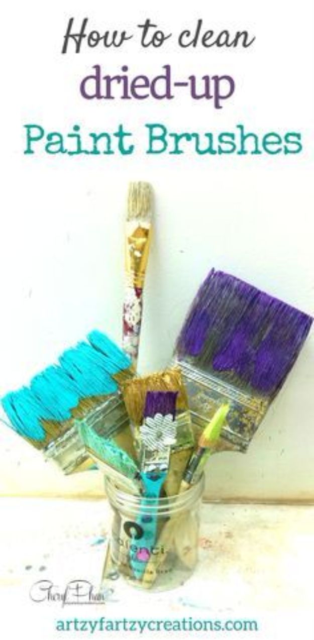DIY Painting Hacks - Clean Dried-Up Paint Brushes - Easy Ways To Shortcut House Painting - Wall Prep, Painters Tape, Trim, Edging, Ceiling, Exterior Cutting In, Furniture and Crafts Paint Tips - Paint Your House Or Your Room With These Time Saving Painter Hacks and Quick Tricks http://diyjoy.com/diy-painting-hacks
