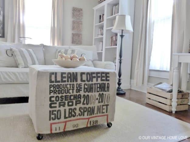 DIY Slipcovers - Coffee Sack Slipcover - Do It Yourself Slip Covers For Furniture - No Sew Ideas, Easy Fabrics Four Couch and Sofa Cover - Chair Projects and Ideas, How To Make a Slip cover with step by step tutorial and instructions - Cool DIY Home and Living Room Decor #slipcovers #diydecor