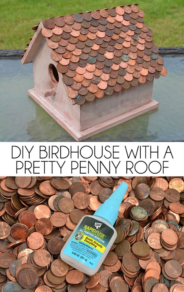 DIY Bird Houses - DIY Birdhouse With A Pretty Penny Roof - Easy Bird House Ideas for Kids and Adult To Make - Free Plans and Tutorials for Wooden, Simple, Upcyle Designs, Recycle Plastic and Creative Ways To Make Rustic Outdoor Decor and a Home for the Birds - Fun Projects for Your Backyard This Summer 