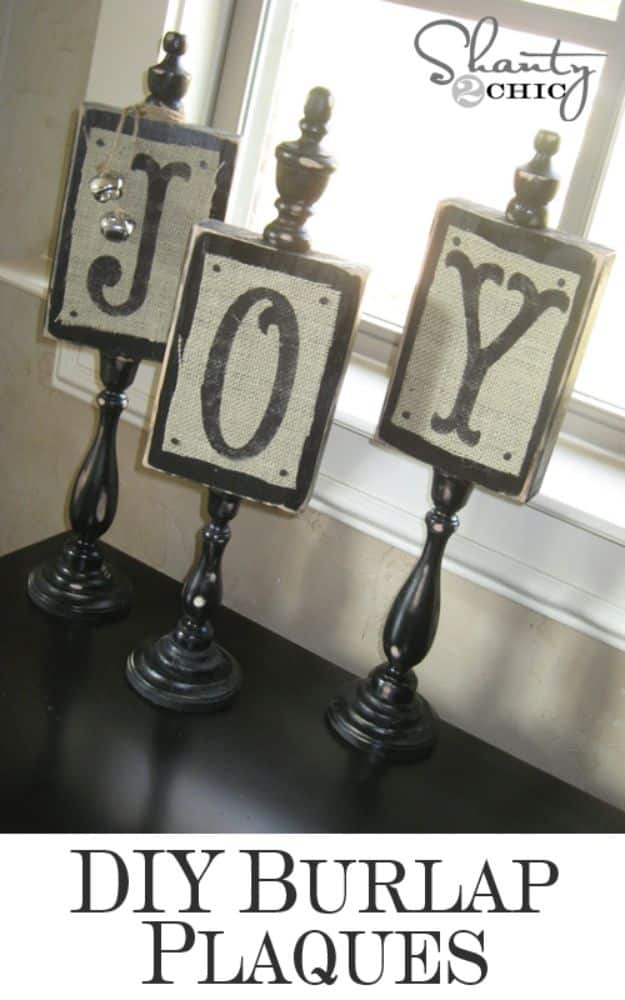 DIY Burlap Ideas - DIY Burlap Plaques - Burlap Furniture, Home Decor and Crafts - Banners and Buntings, Wall Art, Ottoman from Coffee Sacks, Wreath, Centerpieces and Table Runner - Kitchen, Bedroom, Living Room, Bathroom Ideas - Shabby Chic Craft Projects and DIY Wedding Decor http://diyjoy.com/diy-burlap-decor-ideas