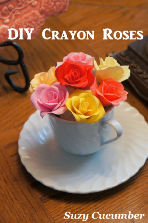 Rose Crafts - DIY Crayon Roses - Easy Craft Projects With Roses - Paper Flowers, Quilt Patterns, DIY Rose Art for Kids - Dried and Real Roses for Wall Art and Do It Yourself Home Decor - Mothers Day Gift Ideas - Fake Rose Arrangements That Look Amazing - Cute Centerrpieces and Crafty DIY Gifts With A Rose http://diyjoy.com/rose-crafts