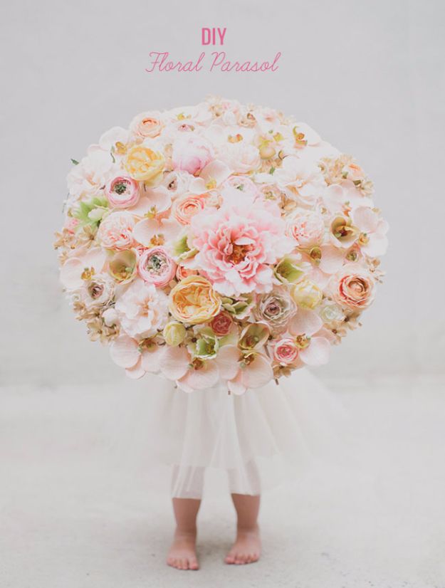 DIY Flowers for Weddings - DIY Floral Parasol - Centerpieces, Bouquets, Arrangements for Wedding Ceremony - Aisle Ideas, Rustic Bouquet Projects - Paper, Cheap, Fake Floral, Silk Flower Centerpiece To Make For Brides on A Budget - Decor for Spring, Summer, Winter and Fall http://diyjoy.com/diy-flowers-for-weddings