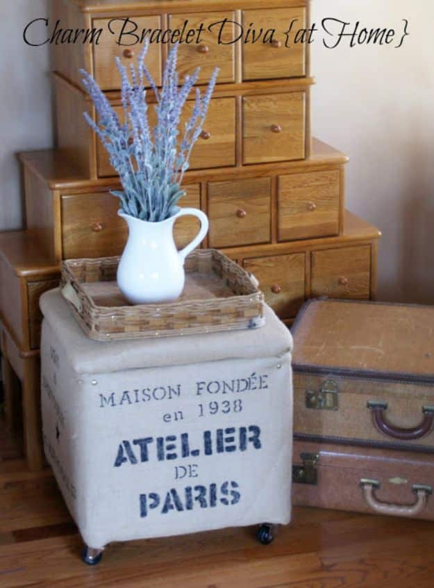 DIY Burlap Ideas - DIY French Burlap Storage Ottoman - Burlap Furniture, Home Decor and Crafts - Banners and Buntings, Wall Art, Ottoman from Coffee Sacks, Wreath, Centerpieces and Table Runner - Kitchen, Bedroom, Living Room, Bathroom Ideas - Shabby Chic Craft Projects and DIY Wedding Decor http://diyjoy.com/diy-burlap-decor-ideas