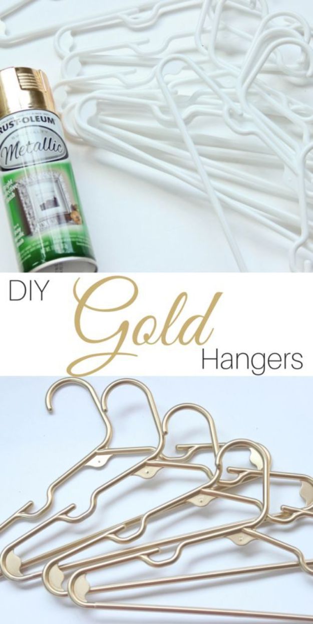DIY Painting Hacks - DIY Gold Plastic Hangers - Easy Ways To Shortcut House Painting - Wall Prep, Painters Tape, Trim, Edging, Ceiling, Exterior Cutting In, Furniture and Crafts Paint Tips - Paint Your House Or Your Room With These Time Saving Painter Hacks and Quick Tricks http://diyjoy.com/diy-painting-hacks