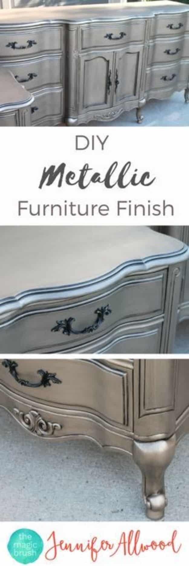 DIY Painting Hacks - DIY Metallic Furniture Finish - Easy Ways To Shortcut House Painting - Wall Prep, Painters Tape, Trim, Edging, Ceiling, Exterior Cutting In, Furniture and Crafts Paint Tips - Paint Your House Or Your Room With These Time Saving Painter Hacks and Quick Tricks http://diyjoy.com/diy-painting-hacks