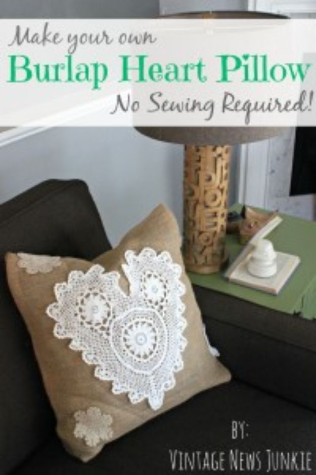 DIY Burlap Ideas - DIY No-Sew Burlap Heart Pillow - Burlap Furniture, Home Decor and Crafts - Banners and Buntings, Wall Art, Ottoman from Coffee Sacks, Wreath, Centerpieces and Table Runner - Kitchen, Bedroom, Living Room, Bathroom Ideas - Shabby Chic Craft Projects and DIY Wedding Decor http://diyjoy.com/diy-burlap-decor-ideas