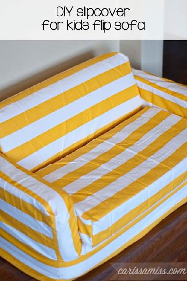 DIY Slipcovers - DIY Striped Slipcover For Kids Flip Sofa - Do It Yourself Slip Covers For Furniture - No Sew Ideas, Easy Fabrics Four Couch and Sofa Cover - Chair Projects and Ideas, How To Make a Slip cover with step by step tutorial and instructions - Cool DIY Home and Living Room Decor #slipcovers #diydecor
