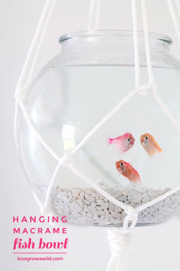 Macrame Crafts - Hanging Macrame Fish Bowl - DIY Ideas and Easy Macrame Projects for Home Decor, Gifts and Wall Art - Cool Bracelets, Plant Holders, Beautiful Dream Catchers, Things To Make and Sell on Etsy, How To Make Knots for Your Macrame Craft Projects, Fun Ideas Even Kids and Teens Can Make #macrame #crafts #diyideas