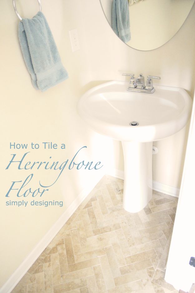 DIY Flooring Projects - Herringbone Bathroom Tile Floor - Cheap Floor Ideas for Those On A Budget - Inexpensive Ways To Refinish Floors With Concrete, Laminate, Plywood, Peel and Stick Tile, Wood, Vinyl - Easy Project Plans and Unique Creative Tutorials for Cool Do It Yourself Home Decor #diy #flooring #homeimprovement