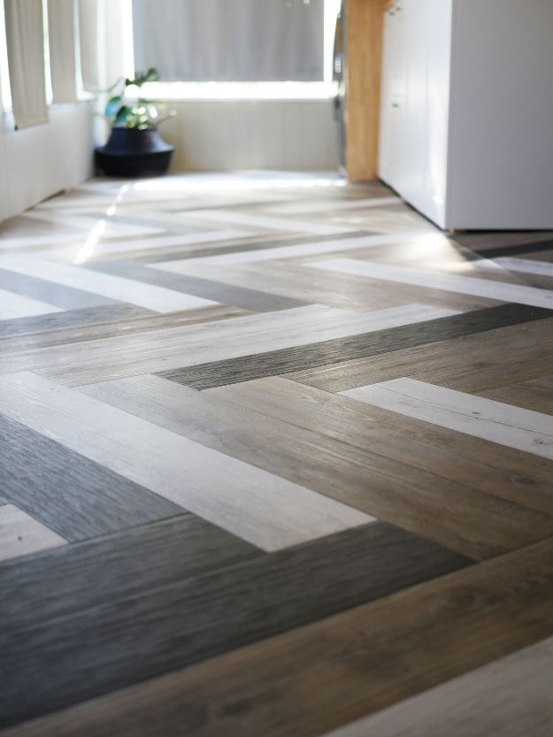 DIY Flooring Projects - Herringbone Floors with Vinyl Stick Down Planks - Cheap Floor Ideas for Those On A Budget - Inexpensive Ways To Refinish Floors With Concrete, Laminate, Plywood, Peel and Stick Tile, Wood, Vinyl - Easy Project Plans and Unique Creative Tutorials for Cool Do It Yourself Home Decor #diy #flooring #homeimprovement