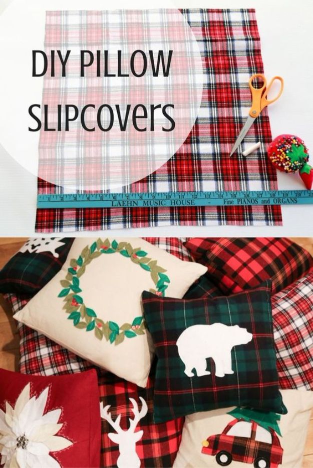 DIY Slipcovers - Holiday Pillow Slipcovers - Do It Yourself Slip Covers For Furniture - No Sew Ideas, Easy Fabrics Four Couch and Sofa Cover - Chair Projects and Ideas, How To Make a Slip cover with step by step tutorial and instructions - Cool DIY Home and Living Room Decor #slipcovers #diydecor