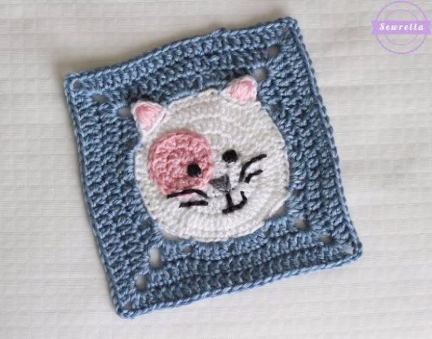 DIY Ideas With Cats - Kitty Cat Crochet Granny Square - Cute and Easy DIY Projects for Cat Lovers - Wall and Home Decor Projects, Things To Make and Sell on Etsy - Quick Gifts to Make for Friends Who Have Kittens and Kitties - Homemade No Sew Projects- Fun Jewelry, Cool Clothes, Pillows and Kitty Accessories 