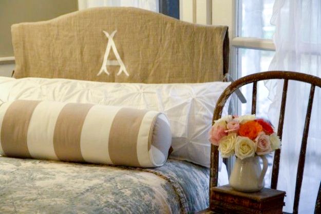 DIY Slipcovers - Monogrammed Headboard Slipcover - Do It Yourself Slip Covers For Furniture - No Sew Ideas, Easy Fabrics Four Couch and Sofa Cover - Chair Projects and Ideas, How To Make a Slip cover with step by step tutorial and instructions - Cool DIY Home and Living Room Decor #slipcovers #diydecor
