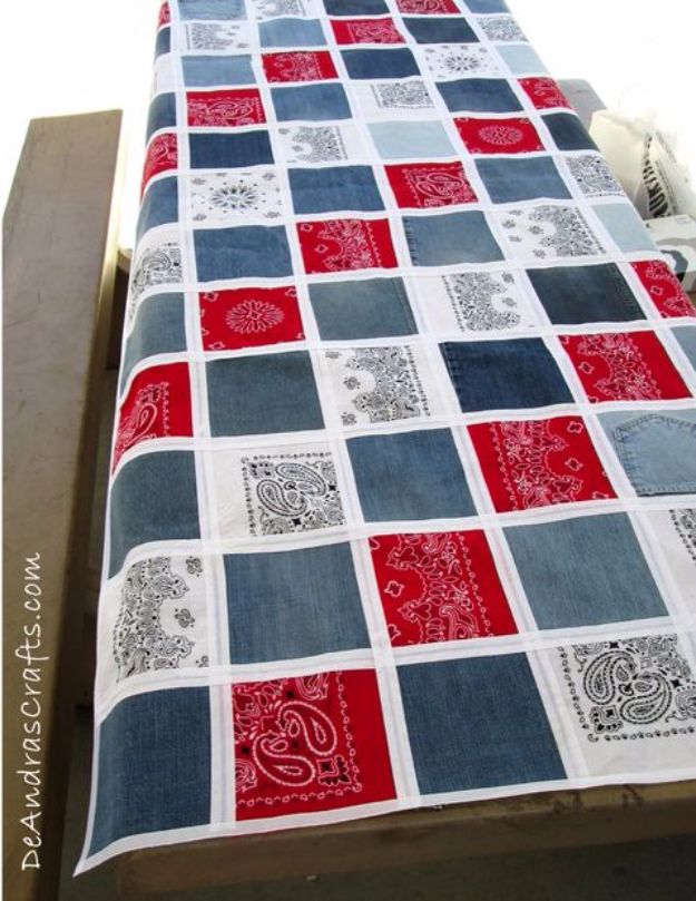DIY Ideas With Bandanas - No-Sew Bandana & Recycled Jean Table Cloth - Bandana Crafts and Decor Projects Made With A Bandana - No Sew Ideas, Bags, Bracelets, Hats, Halter Tops, Blankets and Quilts, Headbands, Simple Craft Project Tutorials for Kids and Teens - Home Decoration and Country Themed Crafts To Make and Sell On Etsy #crafts #country #diy