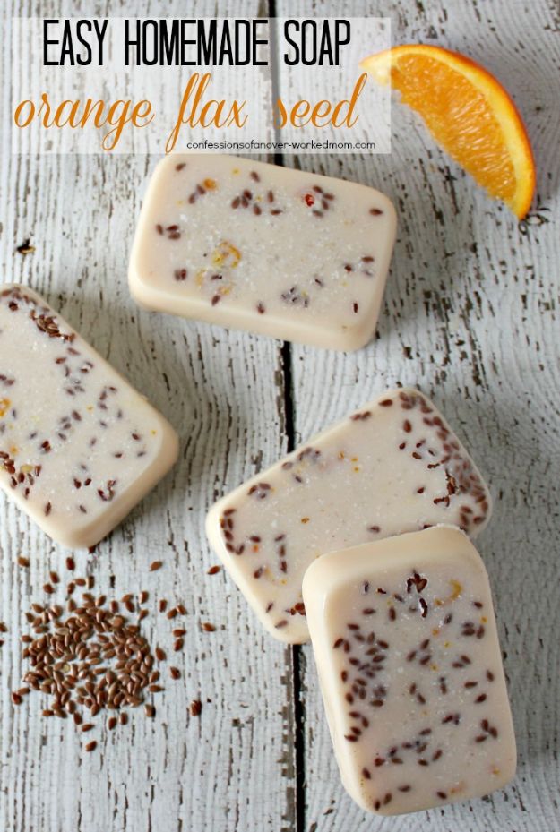 DIY Soap Recipes - Orange Flaxseed Soap - Melt and Pour, Homemade Recipe Without Lye - Natural Soap crafts for Kids - Shea Butter, Essential Oils, Easy Ides With 3 Ingredients - soap recipes with step by step tutorials #soap #diygifts