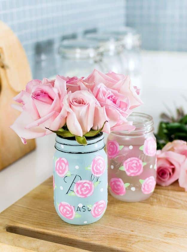 Rose Crafts - Painted Rose Mason Jars - Easy Craft Projects With Roses - Paper Flowers, Quilt Patterns, DIY Rose Art for Kids - Dried and Real Roses for Wall Art and Do It Yourself Home Decor - Mothers Day Gift Ideas - Fake Rose Arrangements That Look Amazing - Cute Centerrpieces and Crafty DIY Gifts With A Rose http://diyjoy.com/rose-crafts