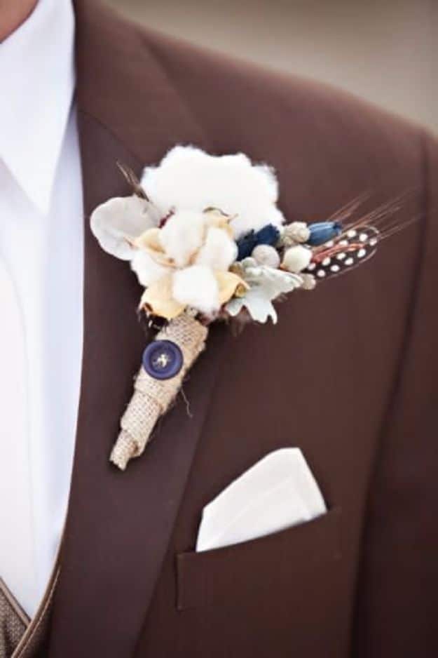 DIY Flowers for Weddings - Raw Cotton Boutonniere - Centerpieces, Bouquets, Arrangements for Wedding Ceremony - Aisle Ideas, Rustic Bouquet Projects - Paper, Cheap, Fake Floral, Silk Flower Centerpiece To Make For Brides on A Budget - Decor for Spring, Summer, Winter and Fall http://diyjoy.com/diy-flowers-for-weddings