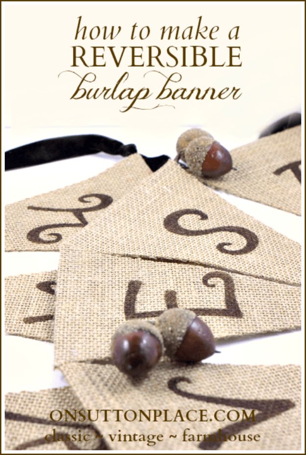 DIY Burlap Ideas - Reversible Burlap Banner - Burlap Furniture, Home Decor and Crafts - Banners and Buntings, Wall Art, Ottoman from Coffee Sacks, Wreath, Centerpieces and Table Runner - Kitchen, Bedroom, Living Room, Bathroom Ideas - Shabby Chic Craft Projects and DIY Wedding Decor http://diyjoy.com/diy-burlap-decor-ideas