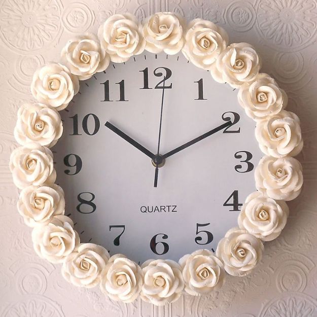 Rose Crafts - Rose Inspired Clock - Easy Craft Projects With Roses - Paper Flowers, Quilt Patterns, DIY Rose Art for Kids - Dried and Real Roses for Wall Art and Do It Yourself Home Decor - Mothers Day Gift Ideas - Fake Rose Arrangements That Look Amazing - Cute Centerrpieces and Crafty DIY Gifts With A Rose http://diyjoy.com/rose-crafts