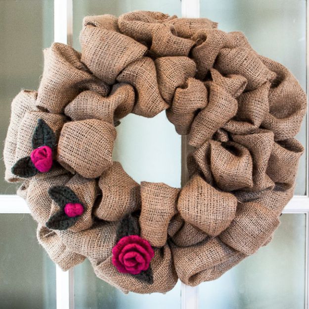 DIY Burlap Ideas - Rosebud and Leaf Pattern to Embellish a Burlap Wreath - Burlap Furniture, Home Decor and Crafts - Banners and Buntings, Wall Art, Ottoman from Coffee Sacks, Wreath, Centerpieces and Table Runner - Kitchen, Bedroom, Living Room, Bathroom Ideas - Shabby Chic Craft Projects and DIY Wedding Decor http://diyjoy.com/diy-burlap-decor-ideas