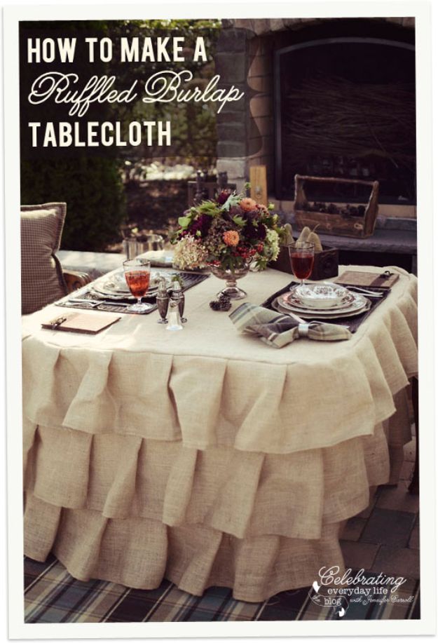 DIY Burlap Ideas - Ruffled Burlap Table Cloth - Burlap Furniture, Home Decor and Crafts - Banners and Buntings, Wall Art, Ottoman from Coffee Sacks, Wreath, Centerpieces and Table Runner - Kitchen, Bedroom, Living Room, Bathroom Ideas - Shabby Chic Craft Projects and DIY Wedding Decor http://diyjoy.com/diy-burlap-decor-ideas