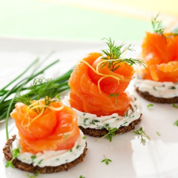 Best Dinner Party Ideas - Smoked Salmon Canapés With Cream Cheese - Best Recipes for Foods to Serve, Casseroles, Finger Foods, Desserts and Appetizers- Place Settings and Cards, Centerpieces, Table Decor and Recipe Ideas for Supper Clubs and Dinner Parties http://diyjoy.com/best-dinner-party-ideas