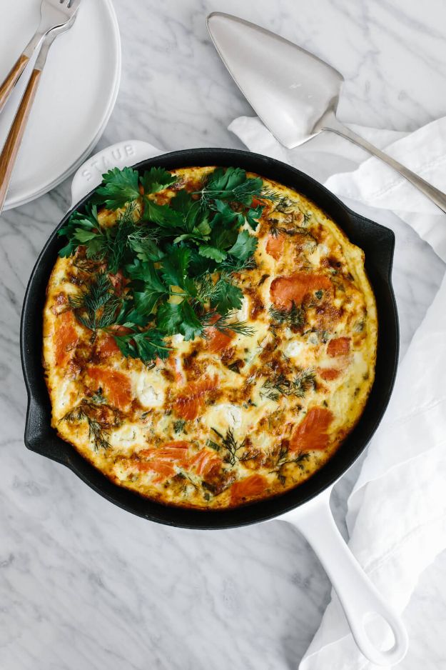 Best Brunch Recipes - Smoked Salmon Frittata - Eggs, Pancakes, Waffles, Casseroles, Vegetable Dishes and Side, Potato Recipe Ideas for Brunches - Serve A Crowd and Family with the versions of Eggs Benedict, Mimosas, Muffins and Pastries, Desserts - Make Ahead , Slow Cooler and Healthy Casserole Recipes #brunch #breakfast #recipes