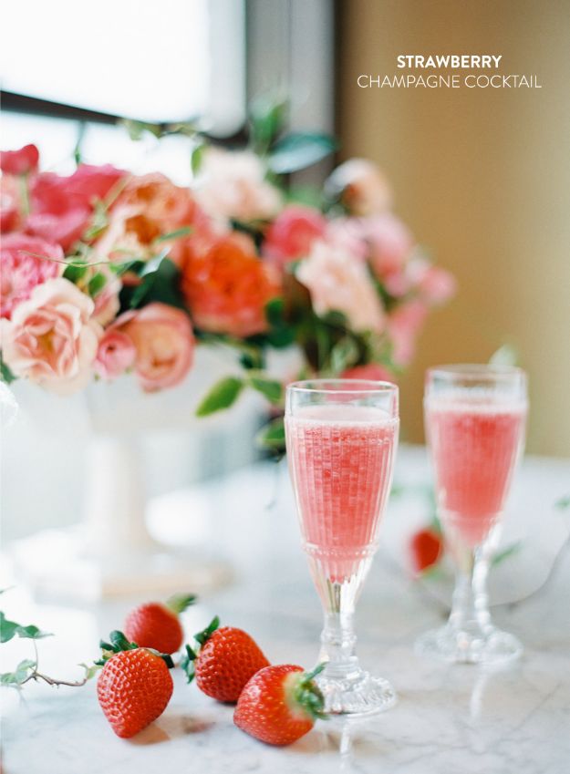 Best Dinner Party Ideas - Strawberry Champagne Cocktails - Best Recipes for Foods to Serve, Casseroles, Finger Foods, Desserts and Appetizers- Place Settings and Cards, Centerpieces, Table Decor and Recipe Ideas for Supper Clubs and Dinner Parties http://diyjoy.com/best-dinner-party-ideas