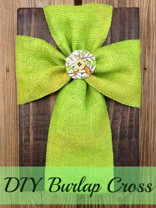 DIY Burlap Ideas - Super Easy DIY Burlap Cross - Burlap Furniture, Home Decor and Crafts - Banners and Buntings, Wall Art, Ottoman from Coffee Sacks, Wreath, Centerpieces and Table Runner - Kitchen, Bedroom, Living Room, Bathroom Ideas - Shabby Chic Craft Projects and DIY Wedding Decor http://diyjoy.com/diy-burlap-decor-ideas
