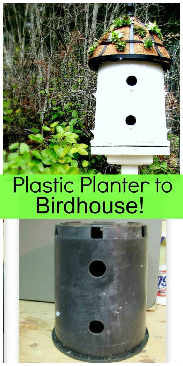DIY Bird Houses - Upcycled Plastic Planter Into A Birdhouse - Easy Bird House Ideas for Kids and Adult To Make - Free Plans and Tutorials for Wooden, Simple, Upcyle Designs, Recycle Plastic and Creative Ways To Make Rustic Outdoor Decor and a Home for the Birds - Fun Projects for Your Backyard This Summer 