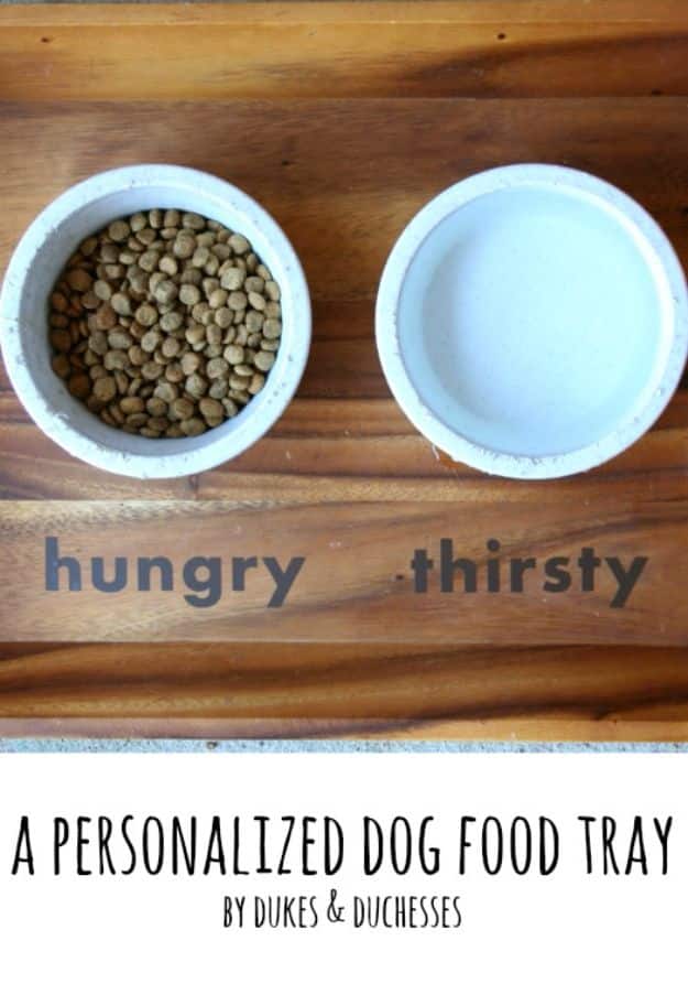 DIY Pet Bowls And Feeding Stations - A Personalized Dog Food Tray - Easy Ideas for Serving Dog and Cat Food, Ways to Raise and Store Bowls - Organize Your Dog Food and Water Bowl With These Cute and Creative Ideas for Dogs and Cats- Monogram, Painted, Personalized and Rustic Crafts and Projects http://diyjoy.com/diy-pet-bowls-feeding-station