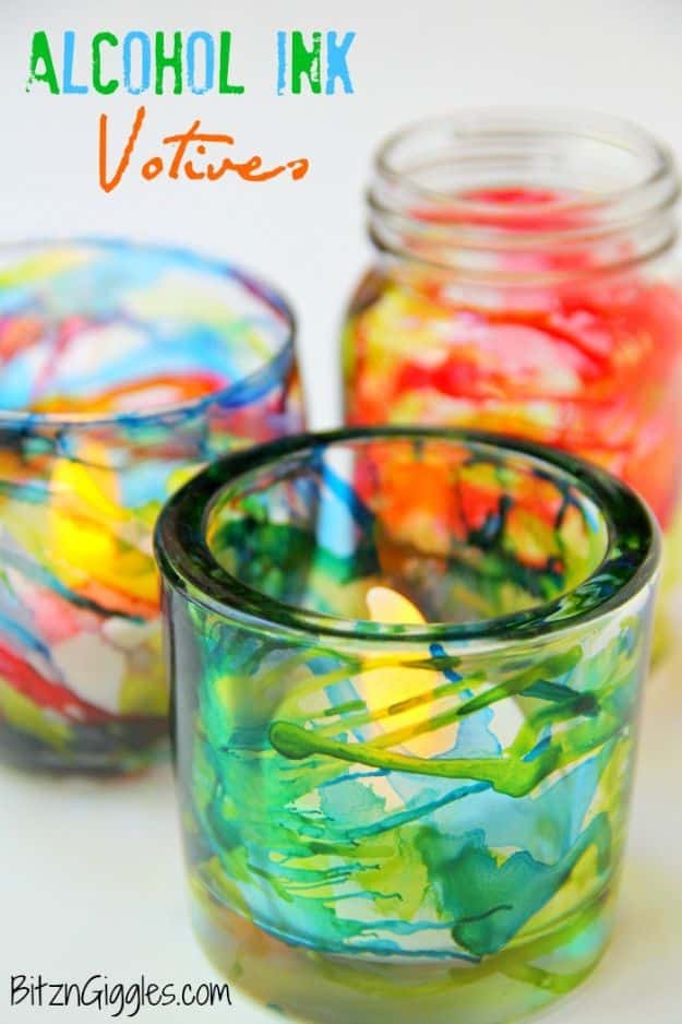 DIY Glassware - Alcohol Ink Votives - Cool Bar and Drink Glasses You Can Make and Decorate for Creative and Unique Serving Glass Ideas - Mugs, Cups, Decanters, Pitchers and Glass Ware Projects - Paint, Etch, Etching Tutorials, Dotted, Sharpie Art and Dishwasher Safe Decorating Tips - Easy DIY Gift Ideas for Him and Her - Handmade Home Decor DIY 
