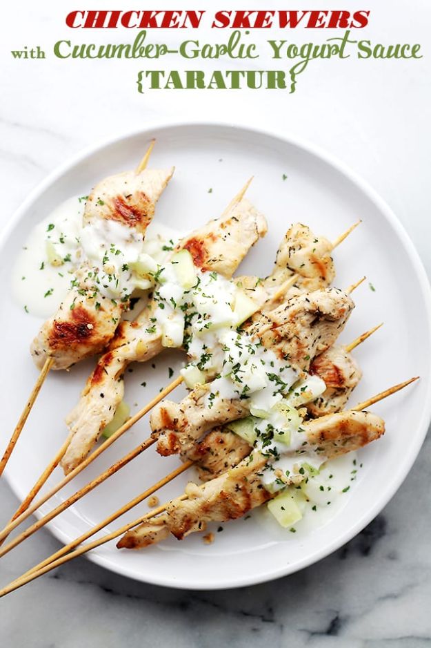 Best Lowfat Recipes - Chicken Skewers with Cucumber-Garlic Yogurt Sauce - Easy Low fat and Healthy Recipe Ideas For Eating Well and Dieting, Weight Loss - Quick Breakfasts, Lunch, Dinner, Snack and Desserts - Foods with Chicken, Vegetables, Salad, Low Carb, Beef, Egg, Gluten Free #lowfatrecipes 