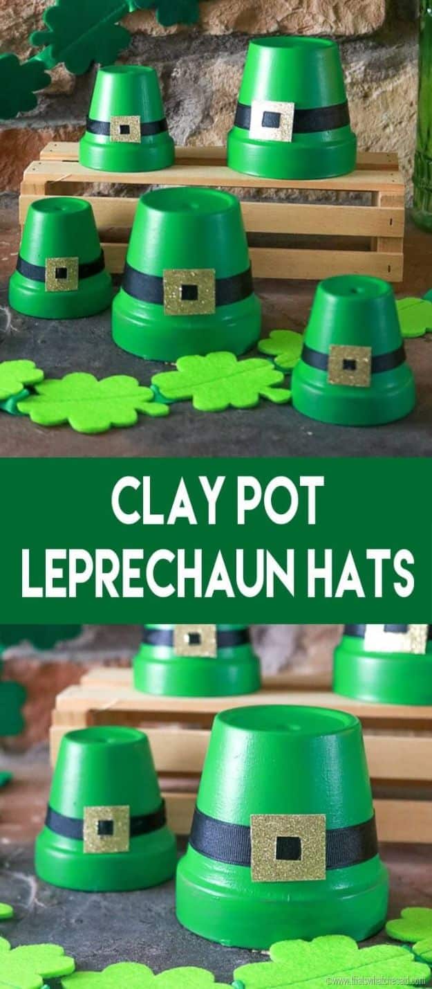 Clay Pot LeprecSt Patricks Day Decor Ideas - Clay Pot Leprechaun Hats - DIY St. Patrick's Day Party Decorations and Home Decor Crafts - Projects for Walls, Hanging Banners, Wreaths, Tabletop Centerpieces and Party Favors - Green Shamrocks, Leprechauns and Cute and Easy Do It Yourself Decor For Parties - Cheap Dollar Store Ideas for Those On A Budget http://diyjoy.com/diy-st-patricks-day-decorhaun Hats 