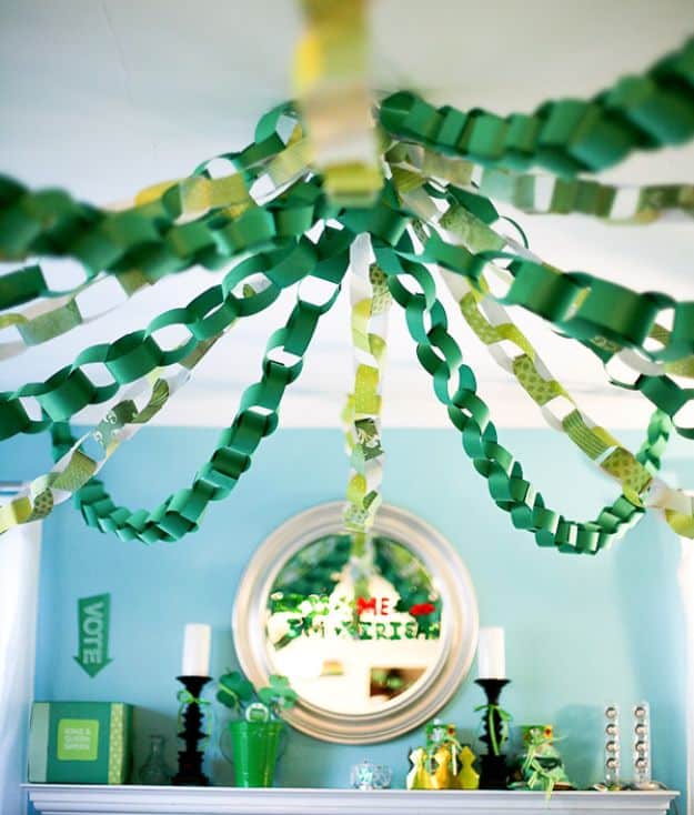 St Patricks Day Decor Ideas - Clover Filled Ceiling - DIY St. Patrick's Day Party Decorations and Home Decor Crafts - Projects for Walls, Hanging Banners, Wreaths, Tabletop Centerpieces and Party Favors - Green Shamrocks, Leprechauns and Cute and Easy Do It Yourself Decor For Parties - Cheap Dollar Store Ideas for Those On A Budget http://diyjoy.com/diy-st-patricks-day-decor
