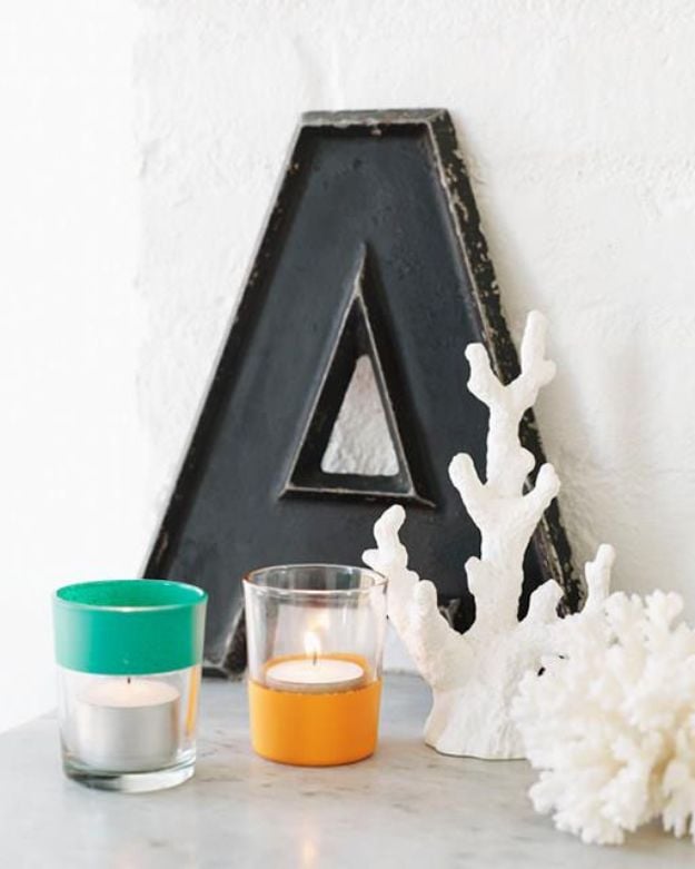 DIY Candle Holders - Color-Block Votives - Easy Ideas for Home Decor With Candles, Tall Candlesticks and Votives - Fun Wooden, Rustic, Glass, Mason Jar, Boho and Projects With Items From Dollar Stores - Christmas, Holiday and Wedding Centerpieces - Cool Crafts and Homemade Cheap Gifts http://diyjoy.com/diy-candle-holders
