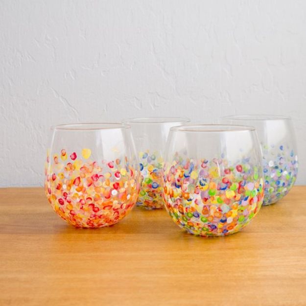 DIY Glassware - DIY Colorful Hand-Dotted Tumblers - Cool Bar and Drink Glasses You Can Make and Decorate for Creative and Unique Serving Glass Ideas - Mugs, Cups, Decanters, Pitchers and Glass Ware Projects - Paint, Etch, Etching Tutorials, Dotted, Sharpie Art and Dishwasher Safe Decorating Tips - Easy DIY Gift Ideas for Him and Her - Handmade Home Decor DIY 