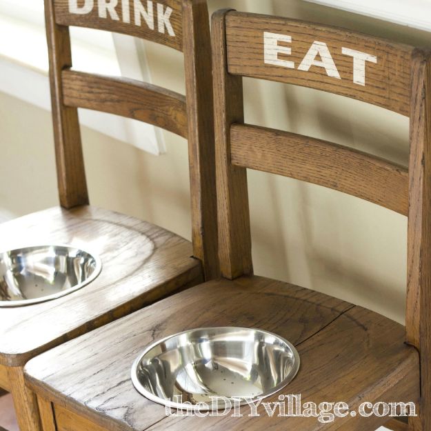 DIY Pet Bowls And Feeding Stations - DIY Dog Bowl Chairs - Easy Ideas for Serving Dog and Cat Food, Ways to Raise and Store Bowls - Organize Your Dog Food and Water Bowl With These Cute and Creative Ideas for Dogs and Cats- Monogram, Painted, Personalized and Rustic Crafts and Projects http://diyjoy.com/diy-pet-bowls-feeding-station