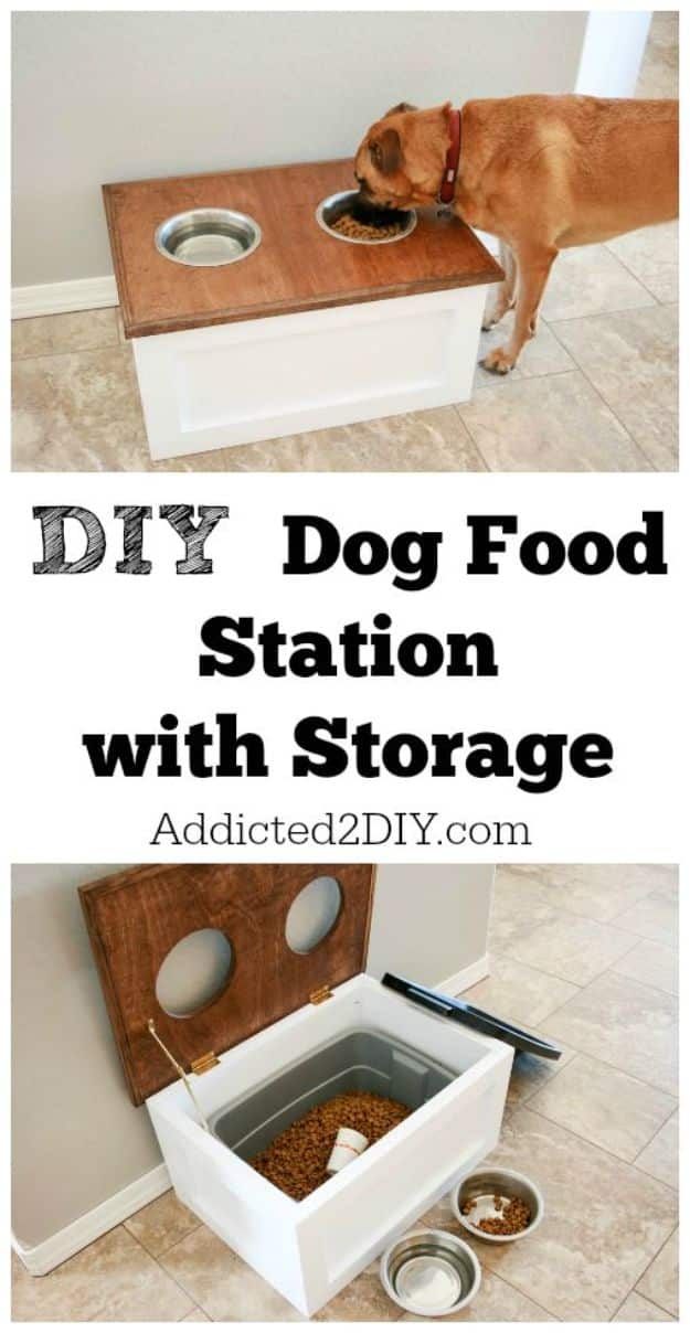 DIY Pet Bowls And Feeding Stations - DIY Dog Food Station With Storage - Easy Ideas for Serving Dog and Cat Food, Ways to Raise and Store Bowls - Organize Your Dog Food and Water Bowl With These Cute and Creative Ideas for Dogs and Cats- Monogram, Painted, Personalized and Rustic Crafts and Projects http://diyjoy.com/diy-pet-bowls-feeding-station