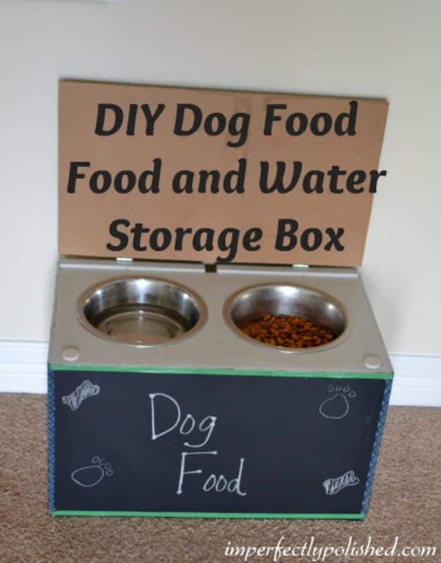 DIY Pet Bowls And Feeding Stations - DIY Dog Food and Water Feeder With Chalk board - Easy Ideas for Serving Dog and Cat Food, Ways to Raise and Store Bowls - Organize Your Dog Food and Water Bowl With These Cute and Creative Ideas for Dogs and Cats- Monogram, Painted, Personalized and Rustic Crafts and Projects http://diyjoy.com/diy-pet-bowls-feeding-station