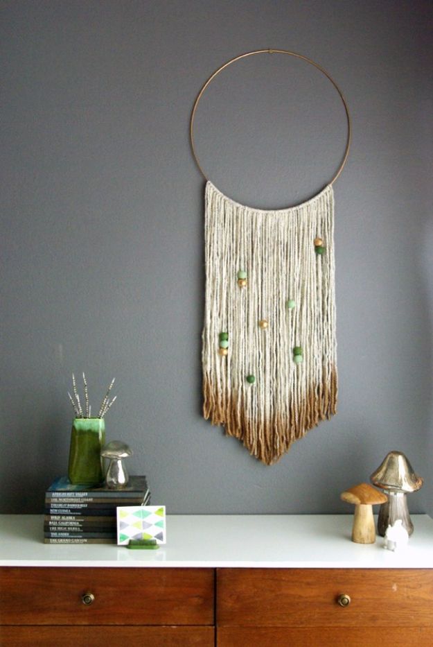 DIY Wall Hangings - DIY Gold Dipped Yarn Hanging - Easy Yarn Projects , Macrame Ideas , Fabric Tapestry and Paper Arts and Crafts , Planter and Wood Board Ideas for Bedroom and Living Room Decor - Cute Mobile and Wall Hanging for Nursery and Kids Rooms #wallart #diy #roomdecor