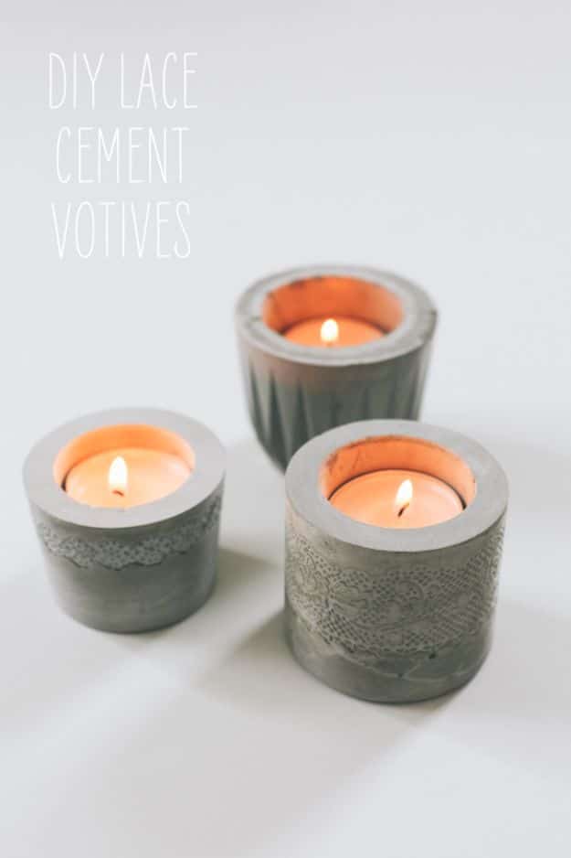 DIY Candle Holders - DIY Lace Cement Votives - Easy Ideas for Home Decor With Candles, Tall Candlesticks and Votives - Fun Wooden, Rustic, Glass, Mason Jar, Boho and Projects With Items From Dollar Stores - Christmas, Holiday and Wedding Centerpieces - Cool Crafts and Homemade Cheap Gifts http://diyjoy.com/diy-candle-holders