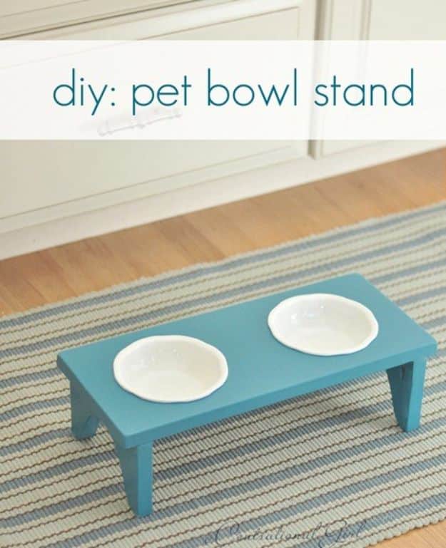 DIY Pet Bowls And Feeding Stations - DIY Pet Bowl Stand - Easy Ideas for Serving Dog and Cat Food, Ways to Raise and Store Bowls - Organize Your Dog Food and Water Bowl With These Cute and Creative Ideas for Dogs and Cats- Monogram, Painted, Personalized and Rustic Crafts and Projects http://diyjoy.com/diy-pet-bowls-feeding-station