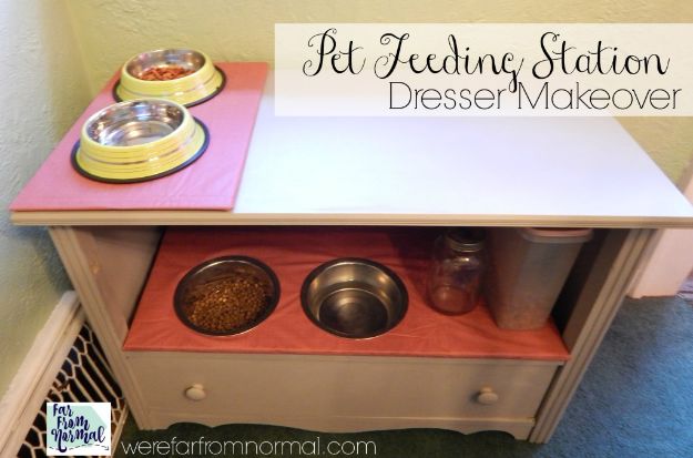 DIY Pet Bowls And Feeding Stations - DIY Pet Feeding Station Dresser Makeover - Easy Ideas for Serving Dog and Cat Food, Ways to Raise and Store Bowls - Organize Your Dog Food and Water Bowl With These Cute and Creative Ideas for Dogs and Cats- Monogram, Painted, Personalized and Rustic Crafts and Projects http://diyjoy.com/diy-pet-bowls-feeding-station