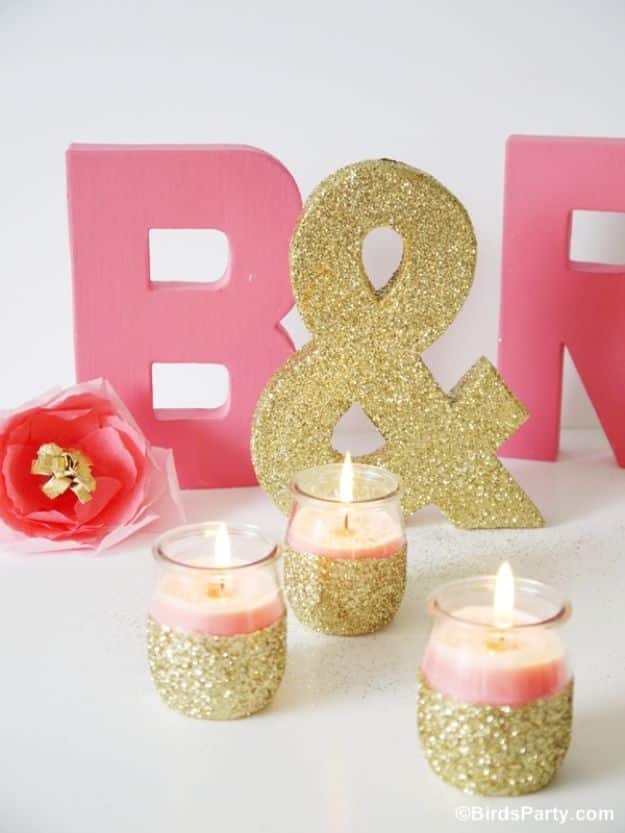 DIY Candle Holders - DIY Pink Candles and Glitter Candle Holders - Easy Ideas for Home Decor With Candles, Tall Candlesticks and Votives - Fun Wooden, Rustic, Glass, Mason Jar, Boho and Projects With Items From Dollar Stores - Christmas, Holiday and Wedding Centerpieces - Cool Crafts and Homemade Cheap Gifts http://diyjoy.com/diy-candle-holders