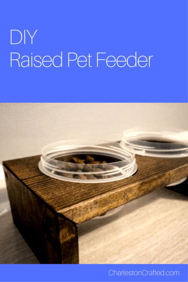 DIY Pet Bowls And Feeding Stations - DIY Raised Pet Feeding Station - Easy Ideas for Serving Dog and Cat Food, Ways to Raise and Store Bowls - Organize Your Dog Food and Water Bowl With These Cute and Creative Ideas for Dogs and Cats- Monogram, Painted, Personalized and Rustic Crafts and Projects http://diyjoy.com/diy-pet-bowls-feeding-station