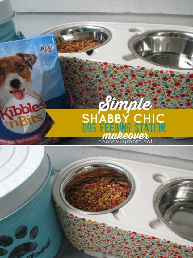 DIY Pet Bowls And Feeding Stations - DIY Shabby Chic Dog Feeding Station - Easy Ideas for Serving Dog and Cat Food, Ways to Raise and Store Bowls - Organize Your Dog Food and Water Bowl With These Cute and Creative Ideas for Dogs and Cats- Monogram, Painted, Personalized and Rustic Crafts and Projects http://diyjoy.com/diy-pet-bowls-feeding-station