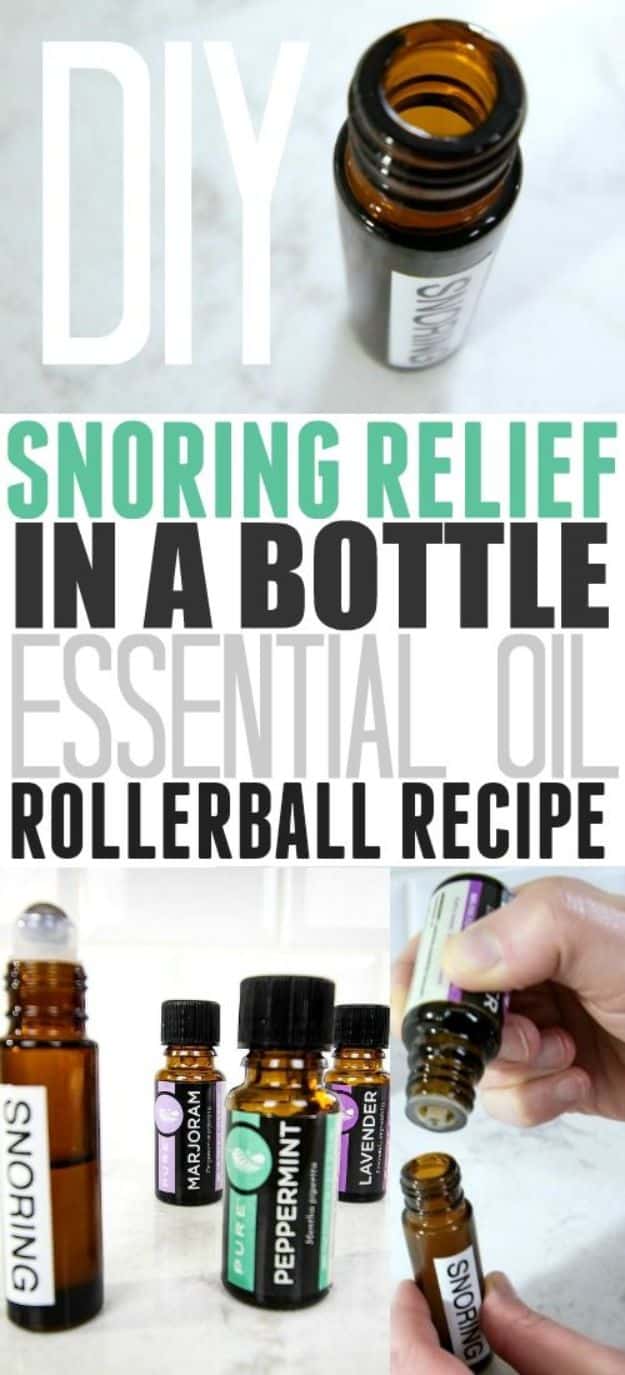 DIY Essential Oil Recipes and Ideas - DIY Snoring Relief In A Bottle - Cool Recipes, Crafts and Home Decor to Make With Essential Oil - Diffuser Projects, Roll On Prodicts for Skin - Recipe Tutorials for Cleaning, Colds, For Sleep, For Hair, For Paint, For Weight Loss #crafts #diy #essentialoils