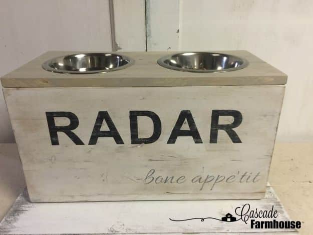 DIY Pet Bowls And Feeding Stations - DIY Vintage Dog Feeding Station Part - Easy Ideas for Serving Dog and Cat Food, Ways to Raise and Store Bowls - Organize Your Dog Food and Water Bowl With These Cute and Creative Ideas for Dogs and Cats- Monogram, Painted, Personalized and Rustic Crafts and Projects http://diyjoy.com/diy-pet-bowls-feeding-station